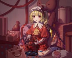 Rule 34 | 1girl, adapted costume, ascot, birdcage, blonde hair, blood, blood on clothes, box, cage, commentary request, corpse, crystal, dress, earrings, fangs, feathers, flandre scarlet, flat chest, flower, frilled shirt collar, frills, gift, guro, hair between eyes, hat, indoors, jewelry, light blush, looking at viewer, mob cap, one side up, parted lips, pink hat, puffy short sleeves, puffy sleeves, ranunculus, red dress, red eyes, red flower, short hair, short sleeves, sitting, smile, solo, stuffed animal, stuffed toy, teddy bear, teruteru (teru teru), touhou, wariza, white legwear, wings, yellow ascot
