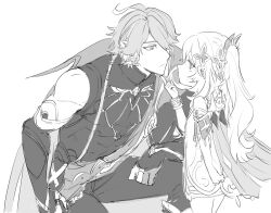 Rule 34 | 1boy, 1girl, ahoge, alhaitham (genshin impact), arm rest, armlet, asymmetrical sidelocks, belt, bracelet, bridal gauntlets, cable, cape, chest jewel, closed mouth, compression shirt, covered abs, cowboy shot, dress, eye contact, fingerless gloves, from side, gem, genshin impact, gloves, greyscale, hair between eyes, hair ornament, hair over one eye, hand on another&#039;s chin, hand up, headphones, high ponytail, jewelry, kneeling, long bangs, long hair, looking at another, mandarin collar, medium bangs, monochrome, nahida (genshin impact), on one knee, one eye covered, parted bangs, partially fingerless gloves, profile, ring, sash, sbs, shirt, short hair, side ponytail, sidelocks, simple background, single bare shoulder, sketch, sleeveless, sleeveless dress, sleeveless shirt, swept bangs, toned, toned male, white background