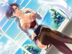 Rule 34 | 1girl, bad id, bad pixiv id, black thighhighs, blue hair, bracelet, breasts, bustier, clothes lift, cross, crossed legs, day, dutch angle, female focus, garter belt, glasses, jewelry, lace, large breasts, lens flare, lingerie, looking at viewer, migiwa hasu, mature female, naughty face, necklace, nipples, open clothes, open shirt, original, pencil skirt, purple eyes, ring, see-through, shirt, sitting, skirt, skirt lift, sleeves rolled up, solo, teacher, thighhighs, underwear, wedding band