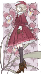 Rule 34 | 1girl, absurdres, ankle boots, bag, black bow, boots, border, bow, brown footwear, brown gloves, brown socks, capelet, closed mouth, colored eyelashes, commentary, crossed ankles, cymbidium, dress, flower, frilled dress, frills, from side, full body, fur-trimmed boots, fur-trimmed gloves, fur collar, fur trim, glove bow, gloves, green eyes, handbag, hat, hat ribbon, high heel boots, high heels, highres, holding, holding bag, kneehighs, lace, light brown hair, lolita fashion, long sleeves, looking away, mallllma, medium hair, neck ribbon, original, petticoat, pink flower, pink theme, red bag, red capelet, red dress, red flower, red hat, red ribbon, red theme, ribbon, sleeve cuffs, smile, socks, solo, standing, sweet lolita, white border, white ribbon