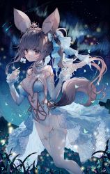 Rule 34 | 1girl, animal ear fluff, animal ears, aurora, warrior of light (ff14), blue leotard, blue sleeves, blush, breasts, brown eyes, brown hair, cleavage, commentary request, detached sleeves, final fantasy, final fantasy xiv, flower, garter straps, hands up, highres, holding, holding flower, leotard, long sleeves, looking at viewer, medium breasts, night, night sky, outdoors, parted lips, side ponytail, sky, smile, star (sky), starry sky, tail, tandohark, thighhighs, white flower, white thighhighs, wide sleeves