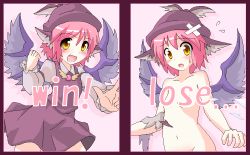 Rule 34 | 1girl, animal ears, blush, brown eyes, censored, convenient censoring, des (namaasi), dress, fang, female focus, flat chest, groin, hat, mystia lorelei, navel, nude, oekaki, pink hair, short hair, solo, torn clothes, touhou, upper body, wings