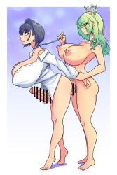 Rule 34 | 1futa, 1girl, arm behind back, arm grab, bar censor, black hair, blue eyes, blush, breasts, censored, ceres fauna, clothed female nude female, collar, ear piercing, expressionless, futa with female, futanari, grabbing, grabbing from behind, green hair, highres, hololive, hololive english, huge breasts, huge penis, imminent penetration, konaloid, long hair, nipples, nude, open mouth, ouro kronii, penis, piercing, smile, veins, veiny penis, virtual youtuber