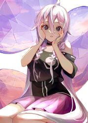 Rule 34 | 1girl, ahoge, black choker, black shirt, blue eyes, braid, choker, facing viewer, hair between eyes, hands on own face, highres, ia (vocaloid), long hair, looking at viewer, off-shoulder shirt, off shoulder, pink skirt, pleated skirt, seiza, shirt, sidelighting, simple background, sitting, skirt, solo, thick eyelashes, very long hair, vocaloid, yori (user yvfv5333)