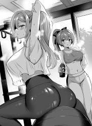 Rule 34 | 2girls, arm up, armpits, ass, ball, blush, bottle, breasts, ceiling, collarbone, commentary request, exercise ball, greyscale, hair ribbon, highres, holding, holding bottle, indoors, large breasts, long hair, monochrome, multiple girls, navel, original, pants, parted lips, ponytail, ribbon, sanshoku amido, sitting on ball, sports bra, taut clothes, taut pants, towel, window, yoga pants