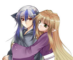 Rule 34 | 00s, 2girls, brown hair, duran (my-hime), green eyes, hug, hug from behind, japanese clothes, kimono, kiyohime (my-hime), moguji, multicolored hair, multiple girls, my-hime, personification, pointy ears, red eyes, silver hair, simple background, streaked hair, white background, yuri