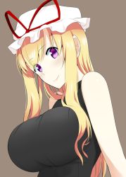 Rule 34 | 1girl, alternate costume, bare shoulders, black shirt, blonde hair, breasts, commentary request, from below, hat, impossible clothes, large breasts, lips, long hair, mattari yufi, mob cap, purple eyes, shirt, simple background, sleeveless, sleeveless shirt, smile, solo, touhou, upper body, wavy hair, yakumo yukari
