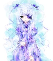 Rule 34 | 00s, 1girl, :d, barasuishou, cowboy shot, dress, flower eyepatch, juliet sleeves, long sleeves, looking at viewer, open mouth, puffy sleeves, purple dress, rozen maiden, silver hair, simple background, smile, solo, standing, twintails, two side up, usamisan, white background, yellow eyes