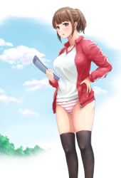 Rule 34 | 1girl, black thighhighs, blue sky, blush, bow, bow panties, breasts, brown eyes, brown hair, clipboard, cloud, cloudy sky, day, gym uniform, hand on own hip, highres, holding, jacket, large breasts, looking at viewer, no pants, open clothes, open jacket, open mouth, original, outdoors, panties, pink panties, shirt, sidelocks, sky, solo, standing, striped clothes, striped panties, swept bangs, thighhighs, thighs, track jacket, underwear, v-neck, white panties, white shirt, yurashima