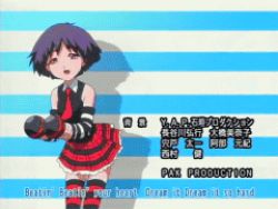 Rule 34 | 00s, 1girl, :d, animated, animated gif, arms up, bakegyamon, bare shoulders, black thighhighs, blinking, breasts, cowboy shot, dancing, detached sleeves, dual wielding, english text, frills, happy, holding, instrument, kimidori (bakegyamon), leaning forward, looking at viewer, lowres, maracas, music, necktie, open mouth, orange eyes, outstretched arms, plaid, plaid skirt, playing instrument, pleated skirt, purple hair, red thighhighs, screencap, shadow, shirt, short hair, skirt, sleeveless, sleeveless shirt, small breasts, smile, solo, spinning, standing, striped background, striped clothes, striped thighhighs, subtitled, thighhighs, zettai ryouiki