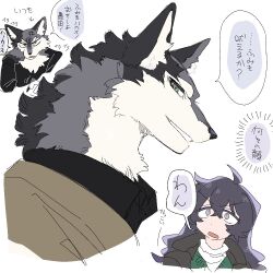 Rule 34 | 1boy, 1girl, animal ears, black hair, black shirt, body fur, brown jacket, collared shirt, furry, furry male, green eyes, grey eyes, grey fur, grin, jacket, long hair, looking at another, looking at viewer, multiple views, open mouth, original, portrait, rata (norahasu), shirt, simple background, smile, speech bubble, translation request, white background, white fur, wolf boy, wolf ears