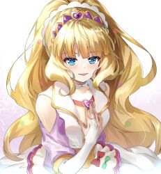 Rule 34 | 1girl, blonde hair, blue eyes, blunt bangs, blush, bridal gauntlets, brooch, choker, commentary, cure finale, delicious party precure, hand on own chest, heart, heart brooch, high ponytail, highres, jewelry, kasai amane, long hair, magical girl, muginome (bakuga chan2), open mouth, precure, sidelocks, smile, solo, white choker, wide ponytail