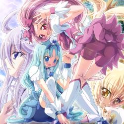 Rule 34 | 10s, 4girls, blonde hair, blue eyes, blue hair, blue skirt, boots, brooch, cameltoe, cure blossom, cure marine, cure moonlight, cure sunshine, eyelashes, hanasaki tsubomi, heart, heart brooch, heartcatch precure!, highres, inoshishi (ikatomo), jewelry, knee boots, kurumi erika, long hair, magical girl, multiple girls, myoudouin itsuki, pink hair, pink skirt, ponytail, precure, purple hair, red eyes, skirt, thighhighs, tsukikage yuri, twintails, yellow eyes