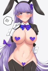 Rule 34 | 1girl, absurdly long hair, alternate costume, animal ears, black thighhighs, blush, breasts, detached collar, fake animal ears, fire emblem, fire emblem: the binding blade, heart maebari, heart pasties, highres, large breasts, latex, latex legwear, long hair, looking at viewer, maebari, meme attire, navel, nintendo, pasties, purple eyes, purple hair, rabbit ears, rabbit tail, revealing clothes, reverse bunnysuit, reverse outfit, shrug (clothing), simple background, smile, solo, sophia (fire emblem), stomach, tail, thighhighs, toshimasa, very long hair, white background, wrist cuffs