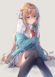 Rule 34 | 1girl, arm support, black bra, black thighhighs, blue cardigan, blue eyes, bow, bowtie, bra, brown hair, cardigan, closed mouth, collared shirt, commentary request, feet out of frame, frown, grey background, grey skirt, hair between eyes, hair ornament, hair ribbon, long hair, long sleeves, looking at viewer, miniskirt, morigami (morigami no yashiro), off shoulder, one side up, original, partially unbuttoned, pleated skirt, red bow, red bowtie, ribbon, school uniform, shadow, shirt, sidelocks, simple background, sitting, skirt, sleeves past wrists, solo, striped bow, striped bowtie, striped clothes, striped neckwear, thighhighs, underwear, v-shaped eyebrows, very long hair, white ribbon, white shirt, x hair ornament