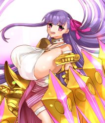 Rule 34 | 1girl, absurdres, bare shoulders, belt collar, bouncing breasts, breasts, claws, collar, cowboy shot, fate/extra, fate/extra ccc, fate/grand order, fate (series), gauntlets, gigantic breasts, gradient background, hair ribbon, halterneck, highres, long hair, looking to the side, o-ring, o-ring top, open mouth, passionlip (fate), pink eyes, pink ribbon, pink skirt, purple hair, ribbon, sideboob, silou b, simple background, skirt, solo, teeth, thigh strap, upper teeth only, very long hair, weapon, white background, white neckwear