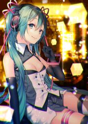 Rule 34 | 1girl, bad id, bad pixiv id, black gloves, breasts, cleavage cutout, clothing cutout, dimension (module), elbow gloves, from side, gloves, green eyes, green hair, hair between eyes, hatsune miku, headphones, index finger raised, long hair, nijigen dream fever (vocaloid), project diva (series), shiomizu (swat), sitting, small breasts, smile, solo, thighhighs, very long hair, vocaloid