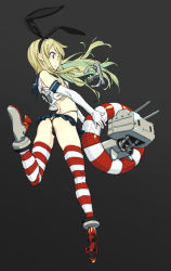Rule 34 | 10s, 1girl, :3, ass, black panties, blonde hair, elbow gloves, gloves, innertube, kantai collection, panties, personification, rensouhou-chan, shimakaze (kancolle), solo, striped clothes, striped thighhighs, swim ring, tarou2, thighhighs, thong, tube, underwear, yellow eyes