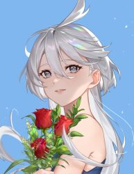 Rule 34 | 1girl, ahoge, blue dress, blue sky, bouquet, bright pupils, clear sky, commentary request, dress, flower, grey eyes, grey hair, gundam, gundam suisei no majo, hair between eyes, holding, holding bouquet, korean commentary, lens flare, long hair, looking at viewer, miorine rembran, nokhong y, parted lips, red flower, red rose, rose, sky, smile, solo, teeth, upper body, white pupils