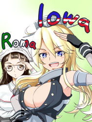 Rule 34 | 10s, american flag, blonde hair, blue eyes, breasts, brown eyes, brown hair, capelet, cleavage, elbow gloves, fingerless gloves, florence temporary, glasses, gloves, hat, headdress, headgear, highres, iowa (kancolle), italian flag, kantai collection, large breasts, long hair, looking at viewer, open mouth, roma (kancolle), short hair, smile, star-shaped pupils, star (symbol), symbol-shaped pupils