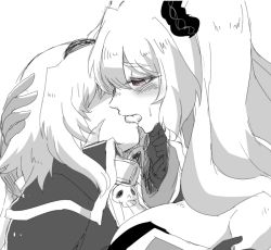 Rule 34 | 2girls, anne bonny (fate), fate/grand order, fate (series), french kiss, gloves, greyscale, hairband, hand on another&#039;s chin, kagosumi, kiss, mary read (fate), monochrome, multiple girls, red eyes, scar, scrunchie, skull, spot color, tongue, upper body, white background, yuri