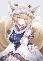 Rule 34 | 1girl, blonde hair, blue tabard, closed mouth, commentary request, cowboy shot, dress, fox tail, frilled sleeves, frills, hat, highres, lace-trimmed headwear, lace-trimmed sleeves, lace trim, long sleeves, looking at viewer, medium hair, mob cap, multiple tails, purple ribbon, ribbon, sarasadou dan, slit pupils, solo, tabard, tail, touhou, white dress, white hat, wide sleeves, yakumo ran, yellow eyes