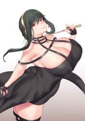 Rule 34 | 1girl, aster crowley, black dress, black hair, breasts, choker, cleavage, curvy, dress, feet out of frame, hairband, heart, highres, holding, holding knife, huge breasts, knife, looking at viewer, mature female, red eyes, smile, solo, spy x family, standing, thick thighs, thighs, varia suit, yor briar