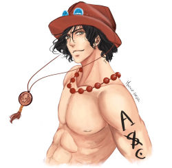 Rule 34 | 1boy, abs, freckles, hat, jewelry, male focus, muscular, necklace, one piece, portgas d. ace, simple background, smiley, solo, stampede string, tattoo, topless male