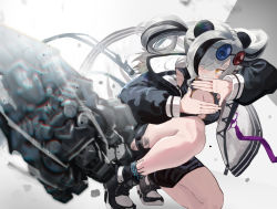 Rule 34 | 1girl, animal ears, arknights, black hair, breasts, china dress, chinese clothes, cleavage cutout, clothing cutout, dress, eyewear on head, feater (arknights), finger frame, grey hair, jacket, large breasts, mannouyakunta, material growth, multicolored hair, oripathy lesion (arknights), panda ears, power fist, shoes, smile, sneakers, solo, streaked hair, sunglasses, twintails, yellow eyes