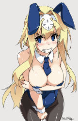Rule 34 | 1girl, alice zuberg, animal ears, arm grab, artist name, between breasts, black pantyhose, blonde hair, blue eyes, blue necktie, blush, breast hold, breasts, cleavage, collar, commentary, cowboy shot, dated, detached collar, fake animal ears, grey background, grimace, hairband, highres, large breasts, leaning forward, leotard, looking at viewer, necktie, pantyhose, playboy bunny, rabbit ears, shikei, signature, simple background, smile, solo, standing, strapless, strapless leotard, sword art online, white collar, white hairband, wing collar, wrist cuffs