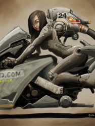 Rule 34 | 1girl, alien1452, armor, bodysuit, brown background, brown hair, cable, from side, long hair, motor vehicle, motorcycle, science fiction, simple background, solo, uniform, vehicle