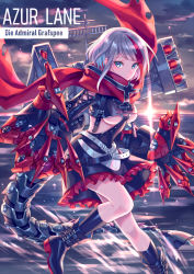 Rule 34 | 1girl, admiral graf spee (azur lane), azur lane, belt, belt skirt, black belt, black dress, black socks, blue eyes, breasts, character name, claws, cloud, cloudy sky, commentary request, copyright name, cross, dress, evening, frilled dress, frills, gloves, highres, huge claws, iron cross, kneehighs, leather, leather belt, leather footwear, leather gloves, leather shirt, leather skirt, looking at viewer, mechanical gloves, mechanical tail, medium breasts, medium hair, multicolored hair, ocean, on water, red scarf, scarf, shoes, sky, socks, solo, string, sunlight, sunset, suzaku (zaku6584), tail, torpedo tubes, underboob, water, weapon, weapon on back
