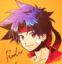 Rule 34 | 1boy, blue hair, closed mouth, commentary request, headband, looking at viewer, male focus, red headband, rody roughnight, short hair, simple background, solo, spiked hair, wild arms, wild arms 1, yururi-ra