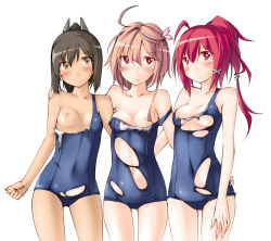 Rule 34 | 10s, 3girls, :t, blush, breasts, brown hair, covered navel, highres, i-168 (kancolle), i-401 (kancolle), i-58 (kancolle), kaminagi (kaminagi-tei), kantai collection, looking at viewer, multiple girls, navel, nipples, one-piece swimsuit, ponytail, red hair, school swimsuit, short hair, small breasts, smile, swimsuit, tan, torn clothes, torn swimsuit