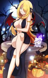 Rule 34 | 1girl, alternate costume, arm support, armlet, bare tree, black dress, black footwear, blonde hair, bracelet, breasts, center opening, collaboration, commentary, creatures (company), crossed legs, cynthia (pokemon), demon tail, demon wings, dress, full moon, game freak, gen 5 pokemon, gen 6 pokemon, grin, hair ornament, hair over one eye, halloween, halloween costume, highres, jewelry, large breasts, litwick, long hair, moon, nail polish, necklace, night, night sky, nintendo, outdoors, pokemon, pokemon (creature), pokemon dppt, pumpkaboo, scott bennett, shoes, sitting, sky, smile, tail, tree, very long hair, vivivoovoo, wings, yellow eyes