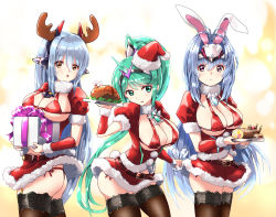 Rule 34 | 3girls, android, animal ears, bikini, blue hair, breasts, christmas, gift, green eyes, green hair, hat, highres, joints, kos-mos, kos-mos re:, large breasts, multiple girls, ponytail, poppi (xenoblade), poppi qtpi (xenoblade), rabbit ears, robot ears, robot joints, santa hat, swimsuit, tavn, thighhighs, xenoblade chronicles (series), xenoblade chronicles 2, xenosaga