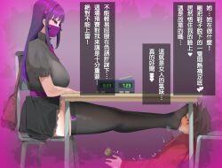 Rule 34 | 1boy, 1girl, black thighhighs, bo wei (artist), breasts, chinese chess, feet, large breasts, long hair, mask, mouth mask, purple eyes, purple hair, sitting, smell, smelling, steam, table, thighhighs, translated, under table