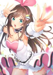 Rule 34 | 1girl, absurdres, armpits, bare shoulders, blue eyes, blurry, breasts, brown hair, choker, cleavage, cowboy shot, depth of field, detached sleeves, foreshortening, frilled choker, frills, hairband, highres, jewelry, kitazume kumie, kizuna ai, kizuna ai (anniversary), kizuna ai inc., long hair, looking at viewer, medium breasts, multicolored hair, open mouth, outstretched arm, ring, shirt, short shorts, shorts, solo, standing, strapless, strapless shirt, streaked hair, v-shaped eyebrows, virtual youtuber, white background, white shirt, white shorts