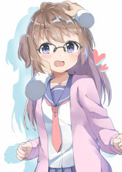 Rule 34 | 1girl, amemiya sekira, blouse, blue eyes, blue sailor collar, blue skirt, blush, brown hair, commentary request, disembodied limb, eyebrows, glasses, hand on another&#039;s cheek, hand on another&#039;s face, hand on another&#039;s head, headpat, heart, highres, jacket, long hair, long sleeves, looking at viewer, necktie, original, pink jacket, pleated skirt, red necktie, round eyewear, sailor collar, school uniform, sekira ame, serafuku, shirt, simple background, skirt, sleeves past wrists, solo focus, upper body, white background, white shirt