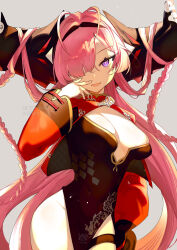 Rule 34 | 1girl, antenna hair, azur lane, braid, breasts, china dress, chinese clothes, covered navel, cropped jacket, dress, fang, grey background, hair on horn, hair over one eye, highres, jacket, large horns, long hair, long sleeves, looking at viewer, medium breasts, official alternate costume, open mouth, pelvic curtain, pink hair, prinz rupprecht (azur lane), prinz rupprecht (the gate dragon advent) (azur lane), purple eyes, red jacket, simple background, smile, solo, thigh strap, very long hair, yun-yang