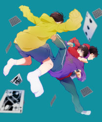 Rule 34 | 10s, 3boys, arm around neck, back, bad id, bad pixiv id, black hair, blue background, blue pants, blue shorts, blurry, brothers, card, clenched hand, covered mouth, depth of field, full body, grin, heart, hood, hood down, hoodie, jumping, long sleeves, looking at another, looking back, male focus, matsuno ichimatsu, matsuno jyushimatsu, matsuno osomatsu, multiple boys, no shoes, osomatsu-kun, osomatsu-san, osomatsu (series), pants, purple eyes, red eyes, shorts, siblings, simple background, sleeves past wrists, smile, socks, sweatdrop, tadano53, track pants