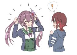 Rule 34 | !, 1girl, adapted costume, blue jacket, brown hair, closed eyes, crescent, crescent pin, cropped torso, gradient hair, green sailor collar, holding, holding own hair, jacket, kantai collection, kisaragi (kancolle), kisaragi kai ni (kancolle), long hair, minosu, multicolored hair, mutsuki (kancolle), mutsuki kai ni (kancolle), original remodel (kantai collection), red hair, sailor collar, school uniform, serafuku, short hair, simple background, solo, spoken exclamation mark, twintails, upper body, white background
