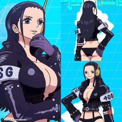 Rule 34 | 1girl, ass, black hair, black jacket, blue eyes, breasts, curvy, gloves, hand on own face, highres, jacket, large breasts, looking at viewer, neckline, nico robin, nico robin (egghead), one piece, panties, third-party edit, thong, underwear, wide hips
