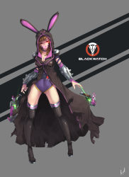 Rule 34 | 1girl, absurdres, animal ears, armor, black thighhighs, bracer, breasts, brown hair, blowing bubbles, chewing gum, cleavage, coat, collarbone, d.va (overwatch), facepaint, facial mark, full body, fusion, glowing, glowing eye, grey background, gun, highres, hood, hooded coat, leotard, long hair, looking at another, medium breasts, mute (c20029), overwatch, overwatch 1, pauldrons, purple leotard, rabbit ears, reaper (overwatch), red eyes, shoulder armor, signature, simple background, solo, standing, thighhighs, torn clothes, torn coat, trench coat, weapon, whisker markings