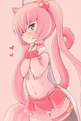 Rule 34 | 1girl, animal ears, bell, cat ears, cat tail, choker, female focus, furrification, furry, furry female, green eyes, hairband, heart, highres, jingle bell, kohaku q, looking at viewer, miniskirt, own hands together, pawpads, pink background, pink hair, pink skirt, rosia (show by rock!!), show by rock!!, simple background, skirt, smile, solo, tail, thigh strap, twintails