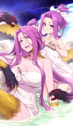 Rule 34 | 2girls, breasts, claws, cleavage, commentary, craft essence (fate), dual persona, fangs, fate/grand order, fate (series), female focus, gorgon (fate), hair ornament, hair ribbon, hair up, hairclip, large breasts, long hair, looking at viewer, matching hair/eyes, medusa (fate), medusa (lancer) (fate), medusa (rider) (fate), multiple girls, naked towel, official art, onsen, open mouth, purple eyes, purple hair, ribbon, rider, saitou hiroki, scales, snake, therapeutic spa, towel, unworn hair ornament, unworn hairclip, very long hair, water, white ribbon