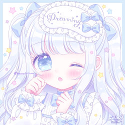 Rule 34 | 1girl, ;o, blue border, blue bow, blue eyes, blush, border, bow, english text, frills, highres, himetsuki luna, long hair, long sleeves, looking at viewer, mask, mask on head, one eye closed, original, parted lips, puffy long sleeves, puffy sleeves, shirt, signature, silver hair, sleep mask, sleeves past wrists, solo, star (symbol), twitter username, two side up, upper body, white background, white shirt