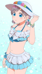Rule 34 | 1girl, alternate hairstyle, arm up, bikini, blue bikini, blue eyes, blue nails, blush, bow, bow bikini, bracelet, collarbone, commentary, dotted background, flower, frilled bikini, frills, hand on headwear, hat, hat flower, highres, jenny (artist), jewelry, layered bikini, light blue background, light brown hair, lips, love live!, love live! superstar!!, midriff, navel, parted lips, pearl bracelet, pearl hair ornament, scrunchie, short hair, short twintails, solo, star (symbol), sun hat, swept bangs, swimsuit, tang keke, twintails, two-tone bikini, white hat, wrist scrunchie
