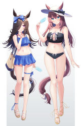 Rule 34 | 2girls, animal ears, bag, bare legs, bikini, bikini skirt, black bikini, black bow, blue bikini, blue bow, blue eyes, blush, bow, bow hairband, breasts, brown hair, cleavage, closed mouth, ears through headwear, food, frilled bikini, frills, full body, hair between eyes, hair over one eye, hairband, hat, hat bow, highres, holding, holding food, horse ears, horse girl, horse tail, large breasts, long hair, looking at viewer, mihono bourbon (umamusume), multiple girls, navel, parted lips, polka dot, polka dot bow, popsicle, primamiya, purple eyes, ribbon, rice shower (umamusume), sandals, shoulder bag, smile, stomach, sun hat, swimsuit, tail, tail ornament, tail ribbon, thigh strap, umamusume, white ribbon