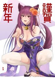 Rule 34 | 1girl, animal ears, bare shoulders, bell, blush, breasts, cleavage, collar, collarbone, convenient arm, dog ears, dog girl, dog tail, fate/grand order, fate (series), floral print, flower, hair flower, hair ornament, japanese clothes, jingle bell, kimono, long sleeves, medium breasts, neck bell, new year, obi, open mouth, paw pose, purple hair, red eyes, sandals, sash, scathach (fate), shiny clothes, shiny skin, short kimono, shoukaki (earthean), smile, solo, squatting, tabi, tail, thighhighs, thighs, translated, triangle, white background, white thighhighs, wide sleeves, zouri